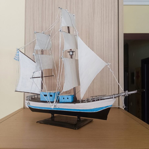 Handmade metal ship model "Plomari" with Greek flag, sailing brig