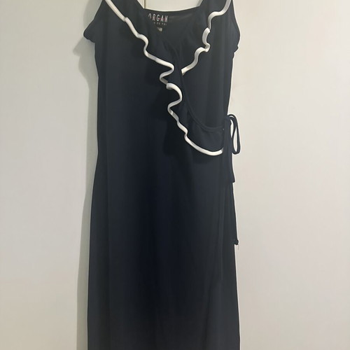 Morgan de Toi Navy Blue Wrap Midi Dress with Ruffle and Contrast Trim like new