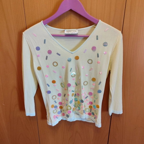 Vintage blouse with sequins used, size M, green, 3/4 sleeve