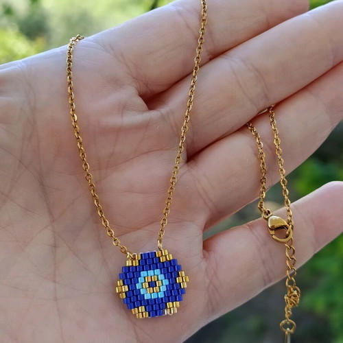 Handmade geometric evil eye necklace with Miyuki beads made to order