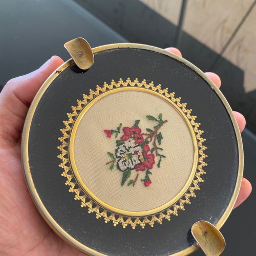 Vintage metal ashtrays with handmade embroidery, used, set of 2