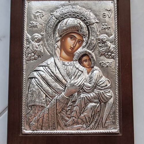Silver Icon of Panagia Glykofilousa with Christ, Kivotos Greek Orthodox Icons