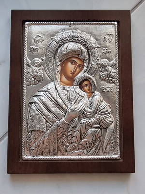Silver Icon of Panagia Glykofilousa with Christ, Kivotos Greek Orthodox Icons