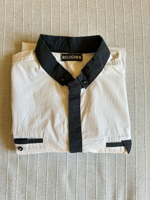 Religion men's medium silk blend shirt short sleeve band collar very good condition
