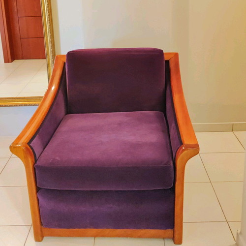 Wooden armchair like new with brown frame and dark purple upholstery