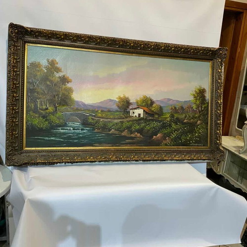 Vintage painting with artist signature used, 80x140 cm