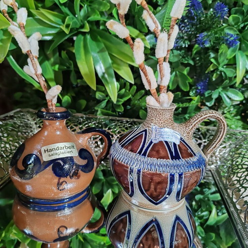 Merkelbach German collector's miniature jugs set of 2, hand-crafted salt glaze