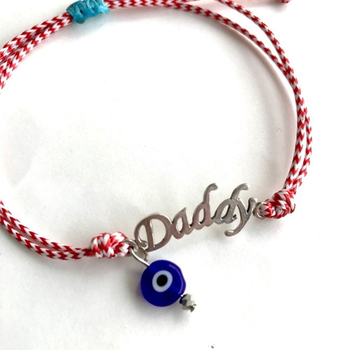 Men's Martaki Bracelet for Dad with Blue Glass Eye and Daddy Metal Tag New
