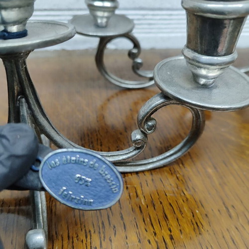 Pewter pair of three-arm candlesticks like new