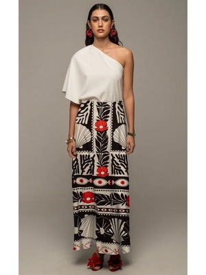 Oceanic Maxi Skirt από Peace & Chaos καινούργια, μαύρο και άσπρο με κόκκινα λουλούδια