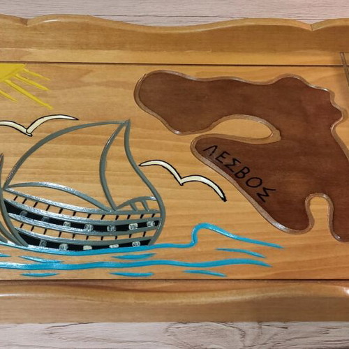 Wooden serving tray like new with decorative Lesvos design