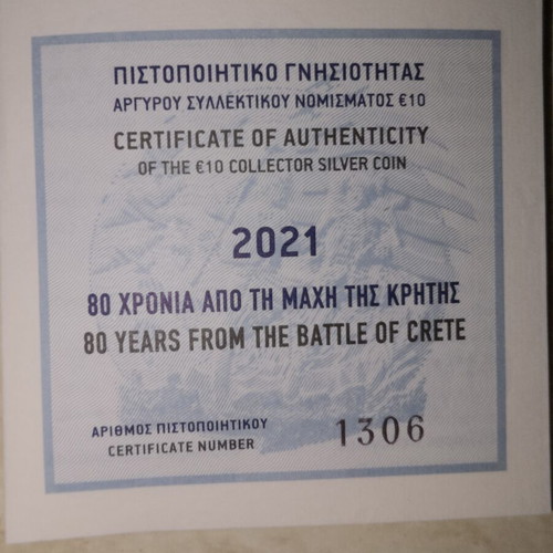 10€ Collector Silver Coin 80 Years from the Battle of Crete 2021