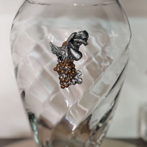 Crystal glass vase with metal grape and vine applique