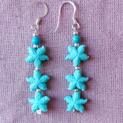 Blue earrings with starfish design and 925 silver clasp