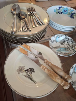 Vintage European Porcelain Dinnerware Set with Afentakis Cutlery like new