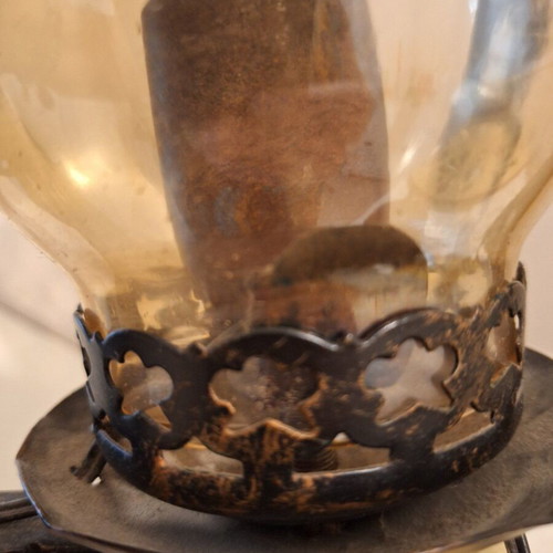 Vintage hanging lamp used, wrought iron and hand-painted ceramic shade
