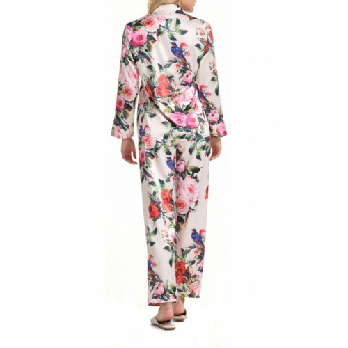 Women's Satin Buttoned Floral Pajamas MISS ROSY Beige 6111 Large New
