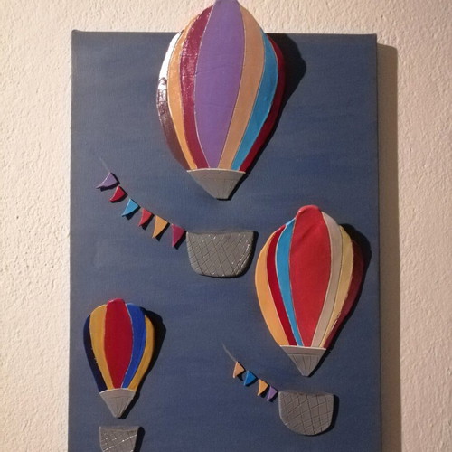 Canvas with handmade clay hot air balloons painted by hand