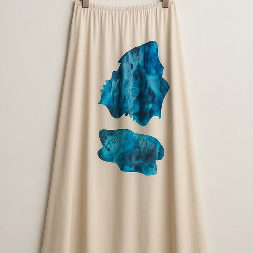 OAKS Twin Set like new beige with blue abstract watercolor motifs M/L