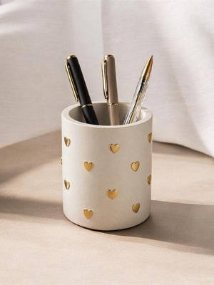 White pencil holder with gold hearts new handmade