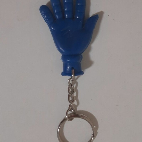 Vintage 80s flexible hand-shaped keychain, blue