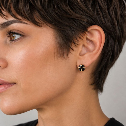 Handmade earrings gold-plated brass and raw obsidian, new