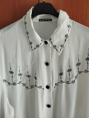 White satin shirt like new with black embroidered details, size XL