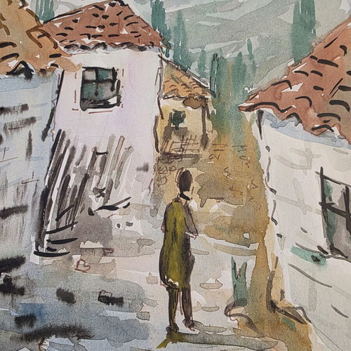 Kostas Banasis watercolor Greek village like new