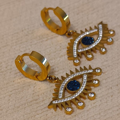 Stainless Steel Eye Earrings with Blue Iris and Zirconia, Boho Chic Glam