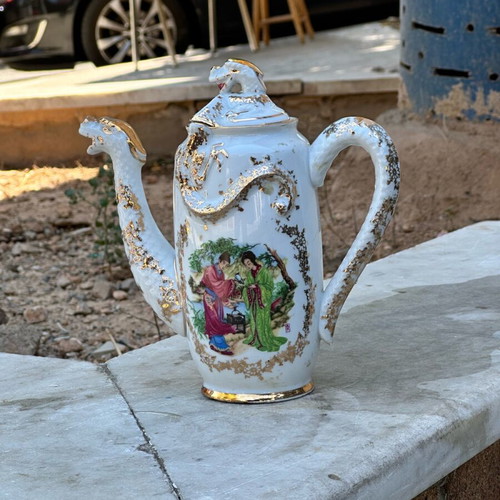 Collectible Japanese Porcelain Coffee Pot used with dragons and traditional scene