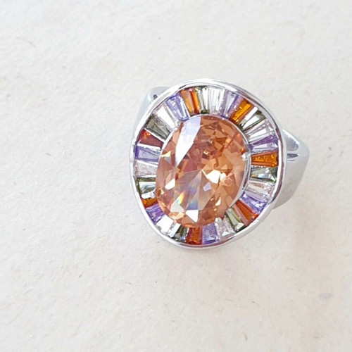 Oval Stainless Steel Ring with Multicolored Cubic Zircon Stones like new