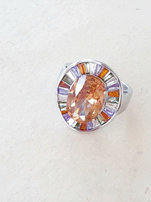 Oval Stainless Steel Ring with Multicolored Cubic Zircon Stones like new
