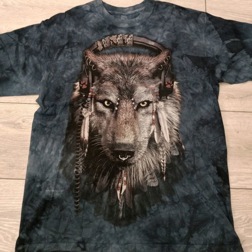 The Mountain T-shirt with wolf print and headphones, used, indigo tie-dye