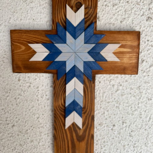 Handmade wooden wall cross with geometric design new