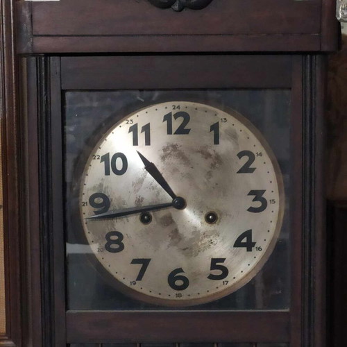 Wall clock pendulum used, wooden, old, with door and winding key