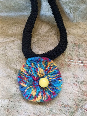 Knitted Long Necklace like new with multicolor flower and yellow bead