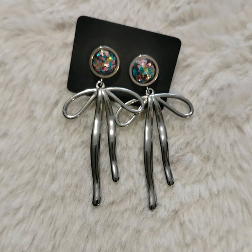 Glitter Ribbon Earrings made of steel, custom order, blue and silver