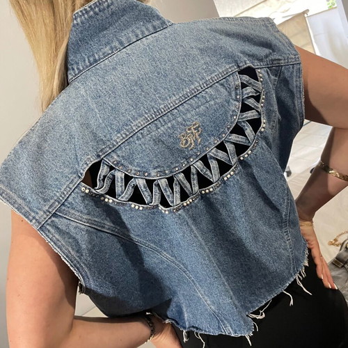 Vintage Bianca Maria Caselli denim vest crop with rhinestones pearls, like new, L