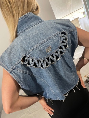 Vintage Bianca Maria Caselli denim vest crop with rhinestones pearls, like new, L