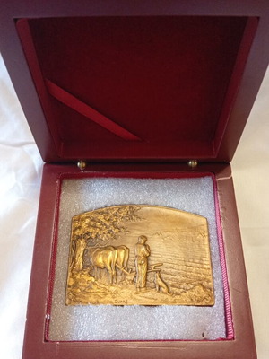 French Art Nouveau bronze plaque titled l'Angelus by George Dupre 70x51mm