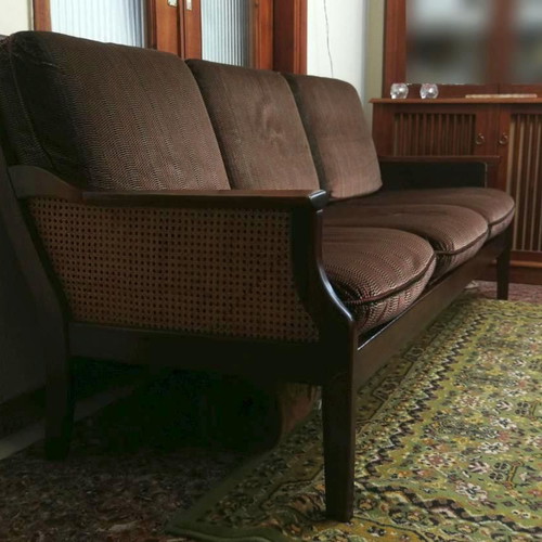Classic three-seater sofa used, wood and rattan