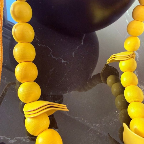 Handmade yellow necklace with wooden beads and suede cord like new