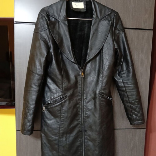 Regular women's leather coat XL, black, winter with faux fur lining