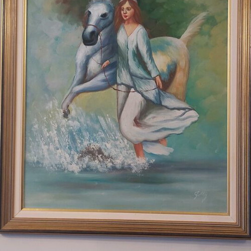 Oil painting of girl with white horse in water like new