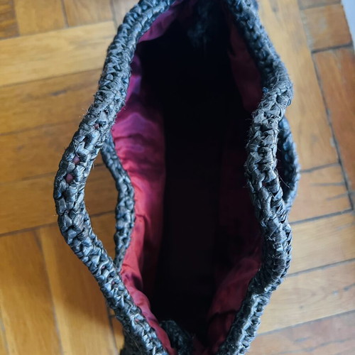 Handmade bag from recycled materials, like new, dark brown with bordeaux lining