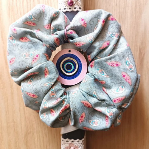Handmade gray candle with hair scrunchie new, lightly scented