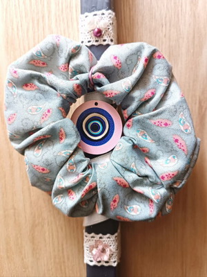 Handmade gray candle with hair scrunchie new, lightly scented