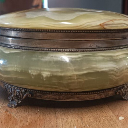 Italian jewelry box made of natural onyx with 800 silver, used, vintage