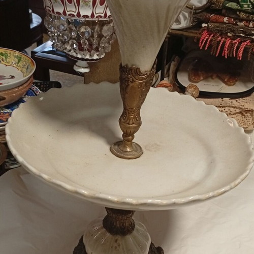 Two-tier tazza style vintage porcelain and bronze centerpiece
