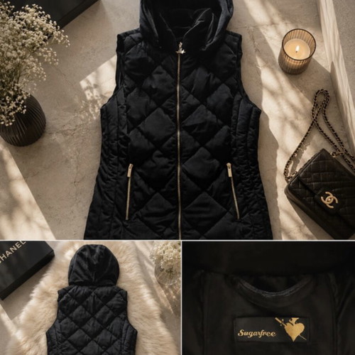Sugarfree black quilted sleeveless vest with hood like new